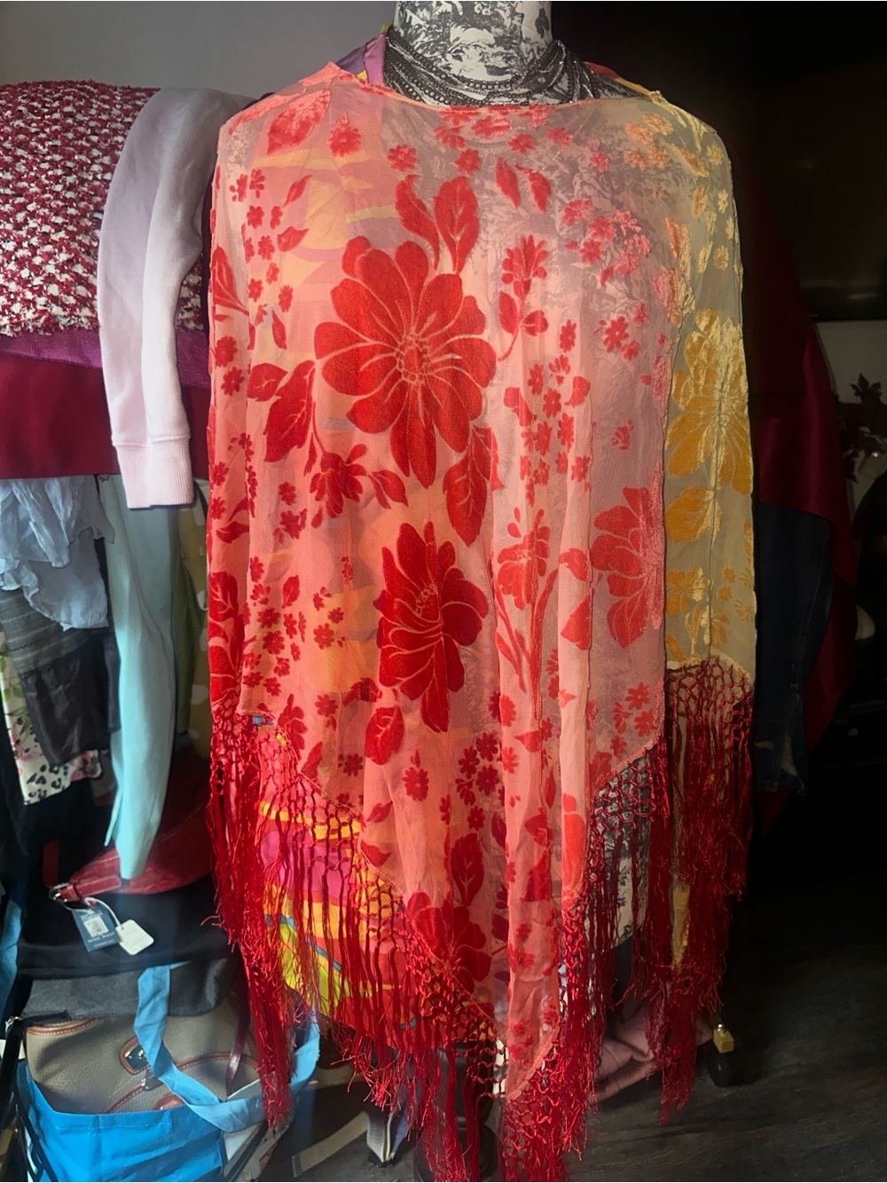 Red and Yellow Floral Fringe Women's Shaw